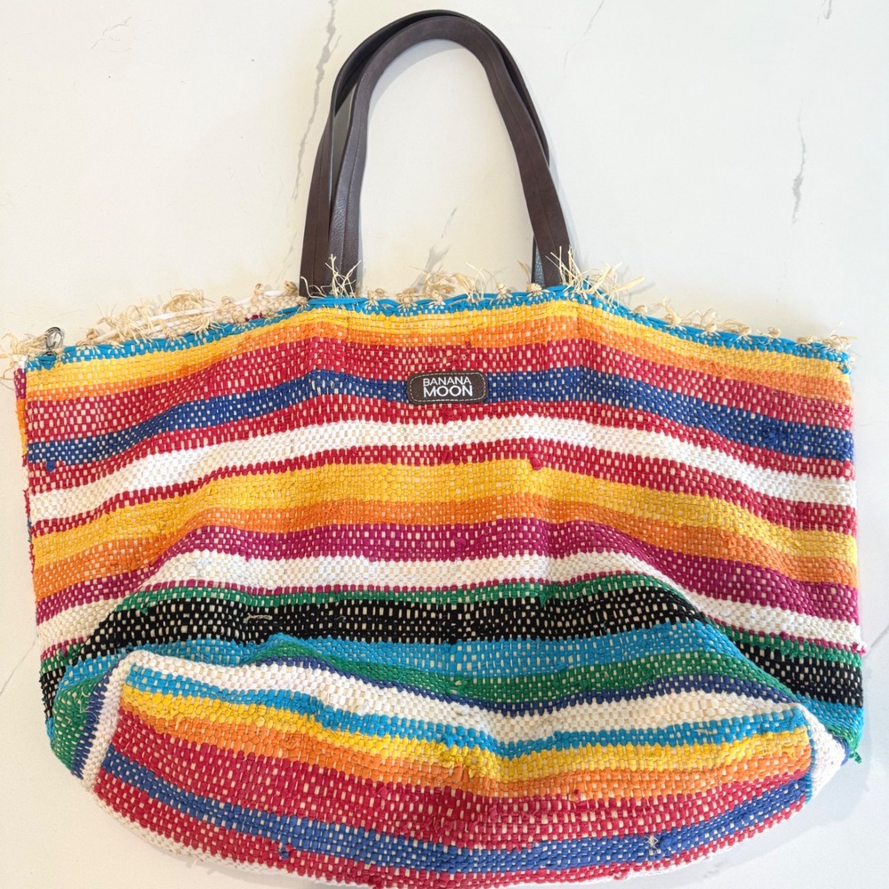 Banana Moon Woven Raffia Colorful Striped Tote‎ Bag Leather Handles Beach Pool
